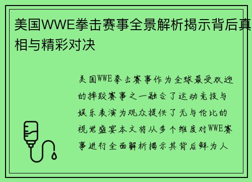 美国WWE拳击赛事全景解析揭示背后真相与精彩对决