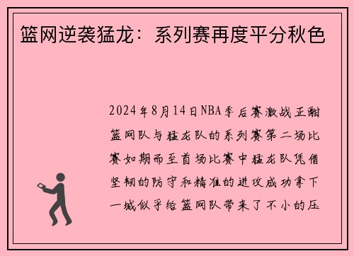 篮网逆袭猛龙：系列赛再度平分秋色